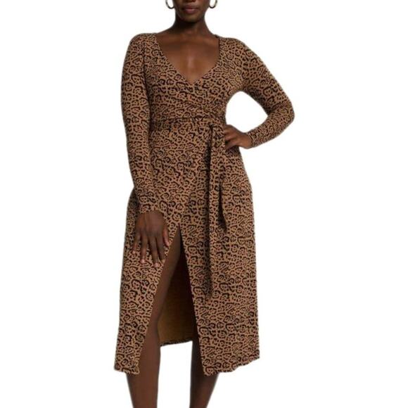 NWT Good American Caramel Leopard Print Midi Wrap Dress